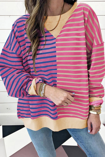 Contrast Stripes Round Neck Long Sleeve Sweatshirt - Jaazi International