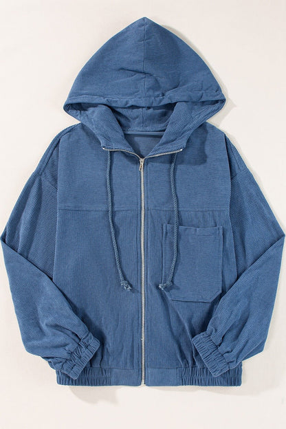 Corduroy Zip Up Long Sleeve Hooded Jacket - Jaazi Intl