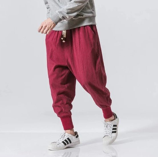 Cotton Linen Harem Pants Men Solid Elastic Waist Streetwear Joggers - Jaazi Intl