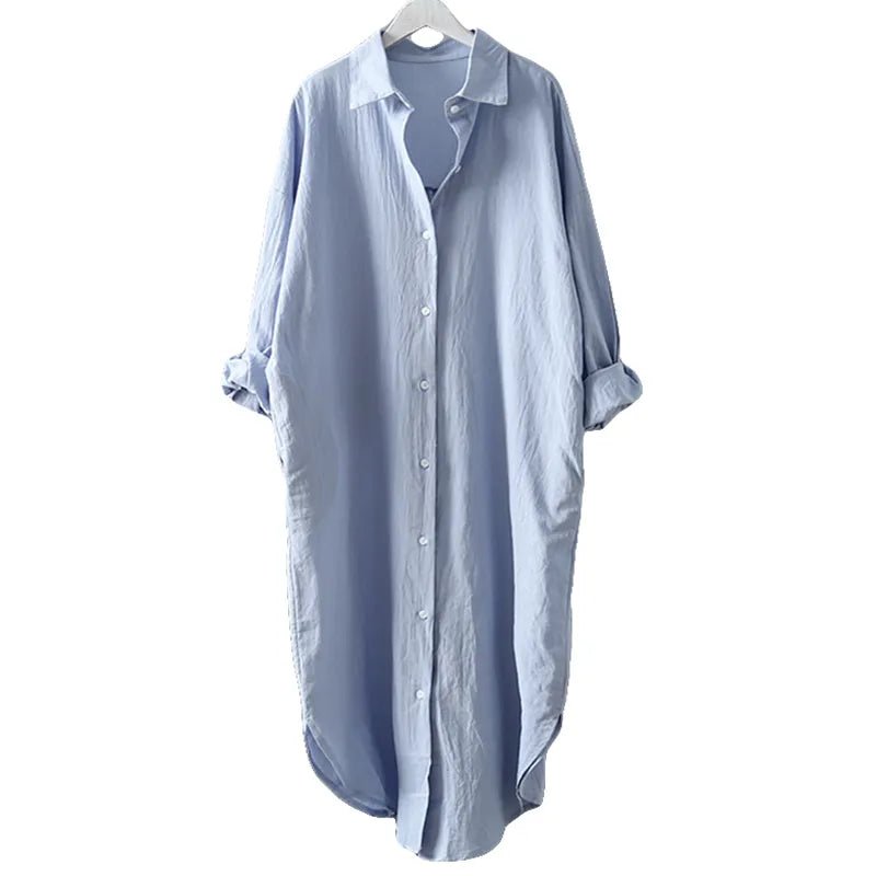 Cotton Women Blouse Shirt Dress Beach Vacation New Linen Cottons Casual Plus Size Womans Long Section Shirt White/Blue - Jaazi Intl