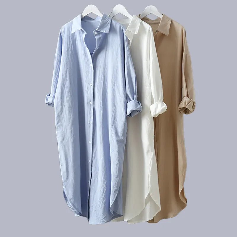 Cotton Women Blouse Shirt Dress Beach Vacation New Linen Cottons Casual Plus Size Womans Long Section Shirt White/Blue - Jaazi Intl