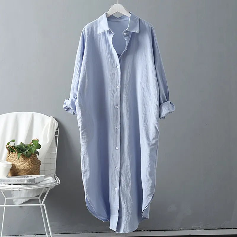 Cotton Women Blouse Shirt Dress Beach Vacation New Linen Cottons Casual Plus Size Womans Long Section Shirt White/Blue - Jaazi Intl