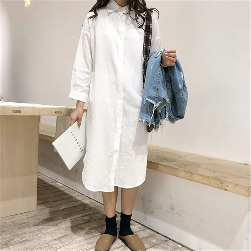 Cotton Women Blouse Shirt Dress Beach Vacation New Linen Cottons Casual Plus Size Womans Long Section Shirt White/Blue - Jaazi Intl