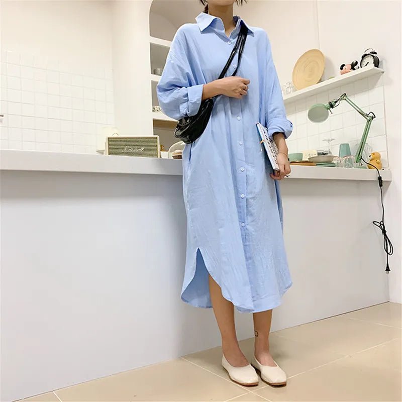 Cotton Women Blouse Shirt Dress Beach Vacation New Linen Cottons Casual Plus Size Womans Long Section Shirt White/Blue - Jaazi Intl