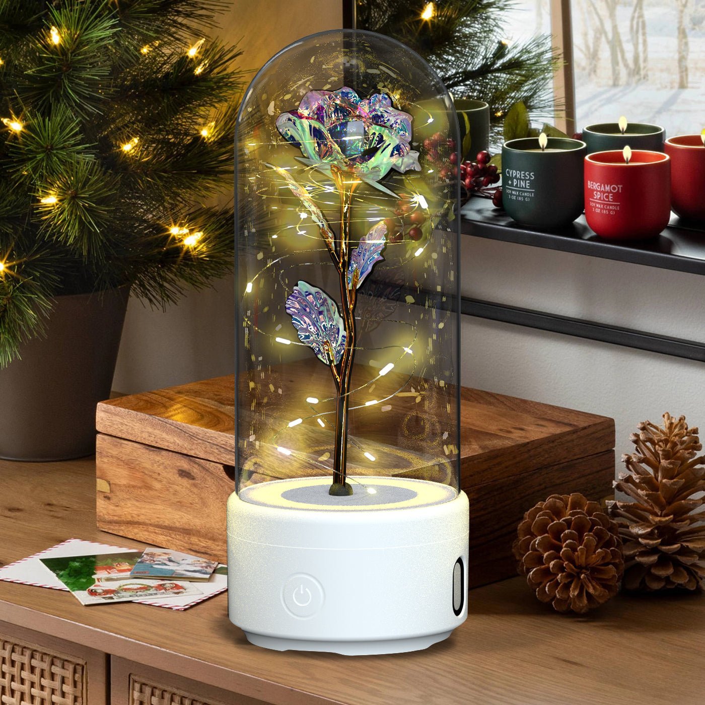 Creative 2 In 1 Rose Flowers LED Light And Bluetooth Speaker Valentine's Day Gift Rose Luminous Night Light Ornament In Glass Cover - Jaazi Intl