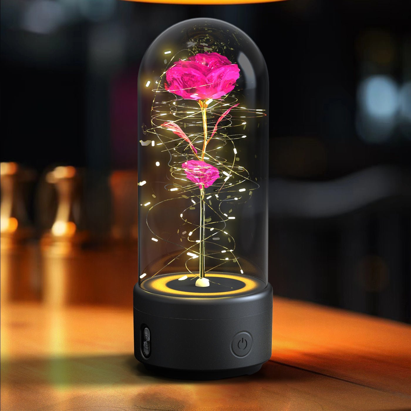 Creative 2 In 1 Rose Flowers LED Light And Bluetooth Speaker Valentine's Day Gift Rose Luminous Night Light Ornament In Glass Cover - Jaazi Intl