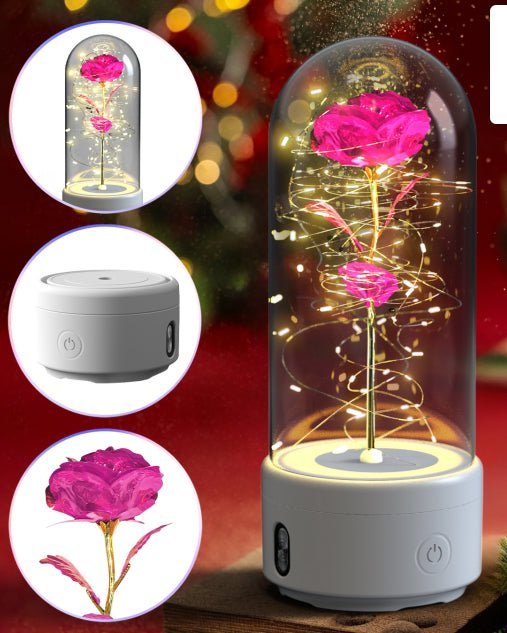 Creative 2 In 1 Rose Flowers LED Light And Bluetooth Speaker Valentine's Day Gift Rose Luminous Night Light Ornament In Glass Cover - Jaazi Intl