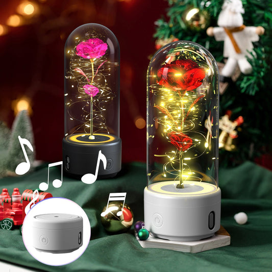 Creative 2 In 1 Rose Flowers LED Light And Bluetooth Speaker Valentine's Day Gift Rose Luminous Night Light Ornament In Glass Cover - Jaazi Intl