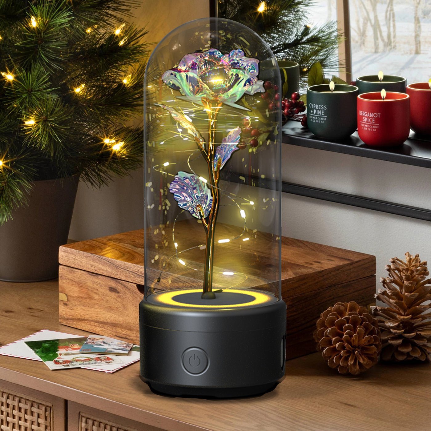 Creative 2 In 1 Rose Flowers LED Light And Bluetooth Speaker Valentine's Day Gift Rose Luminous Night Light Ornament In Glass Cover - Jaazi Intl