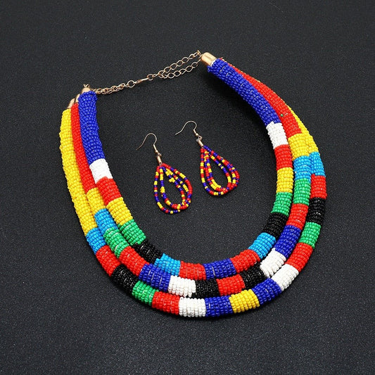 Creative new colorful rice bead necklace multi - layer choker earring set - Jaazi Intl