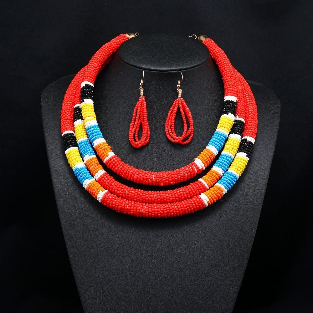 Creative new colorful rice bead necklace multi - layer choker earring set - Jaazi Intl