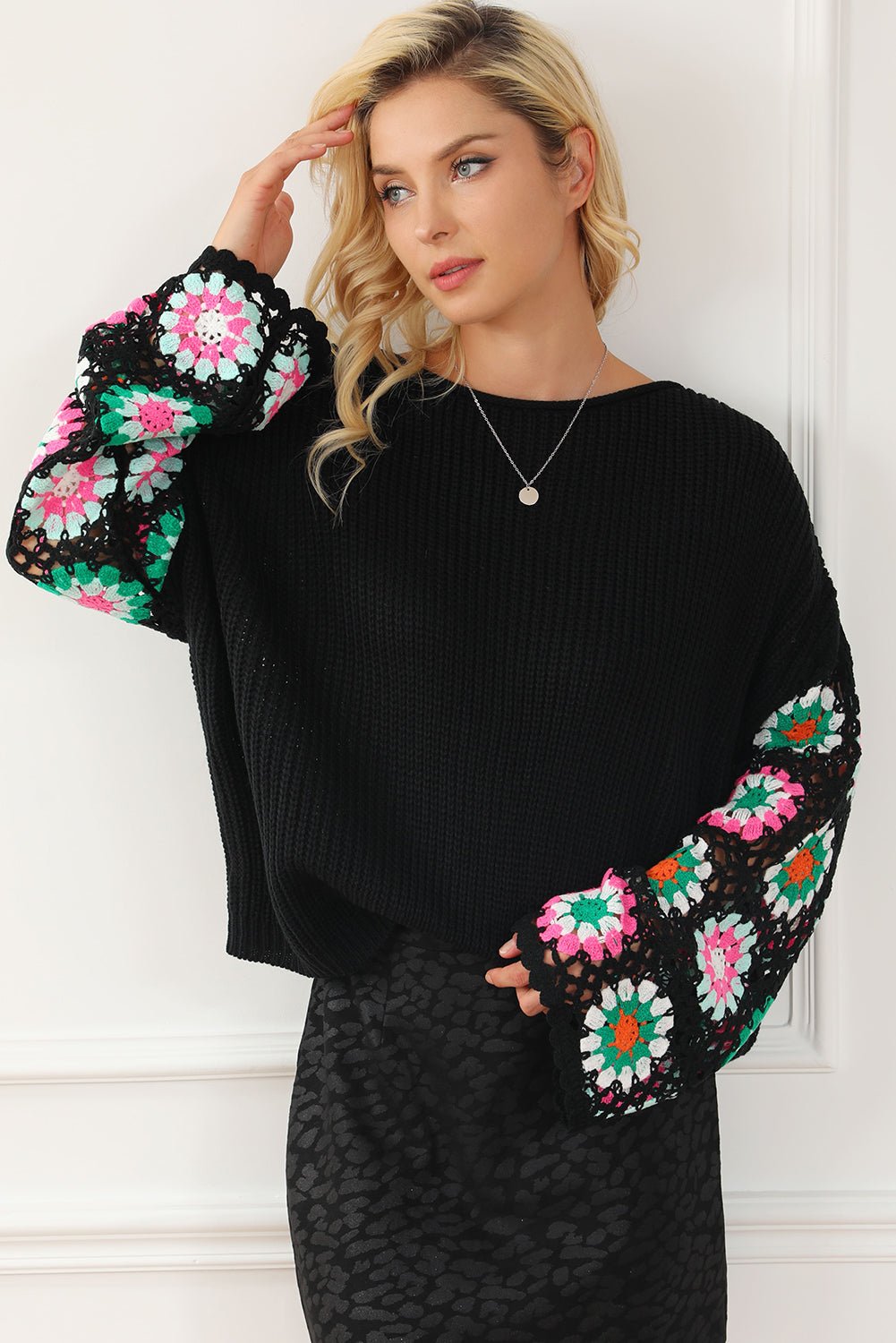 Crochet Round Neck Long Sleeve Knit Top - Jaazi International