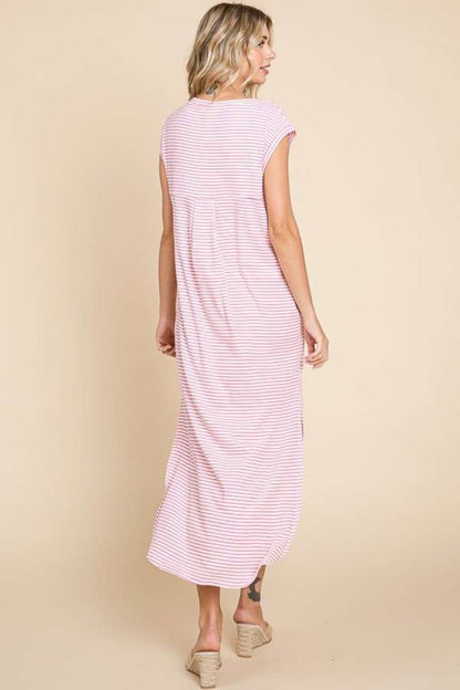 Culture Code Full Size Striped V - Neck Slit Dress with Pockets - Jaazi Intl