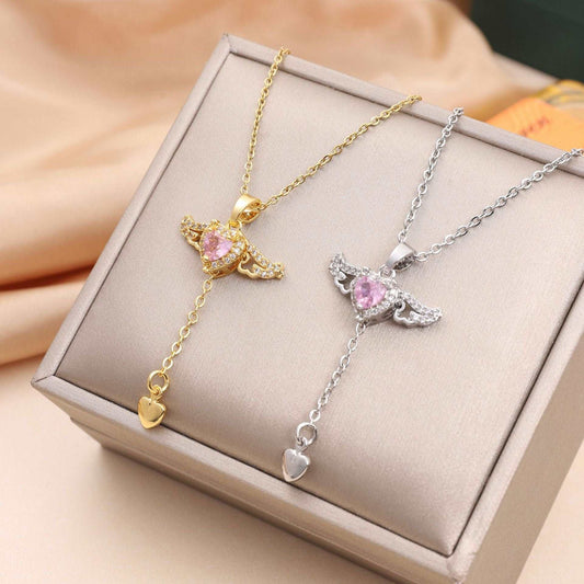 Cupid Heart Angel Wings Tassel Necklace Clavicle Chain Women Jewelry Gift Valentine's Day - Jaazi Intl