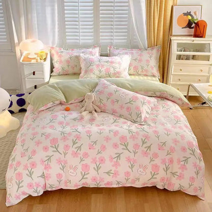 Cute Pink Strawberry Duvet Cover Flat Sheet Pillowcase Floral Bedding Set Girls Bed Linen Soft Thick Washed Cotton Bedclothes - Jaazi Intl