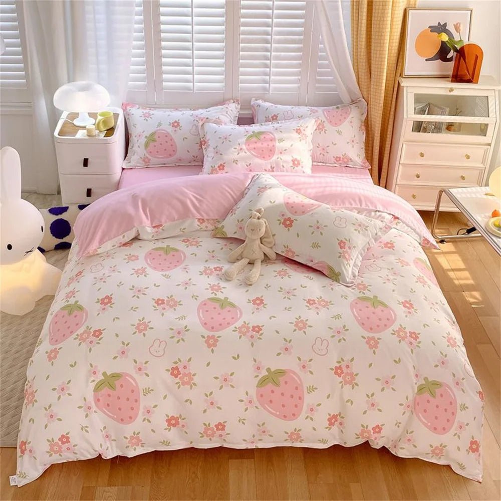 Cute Pink Strawberry Duvet Cover Flat Sheet Pillowcase Floral Bedding Set Girls Bed Linen Soft Thick Washed Cotton Bedclothes - Jaazi Intl