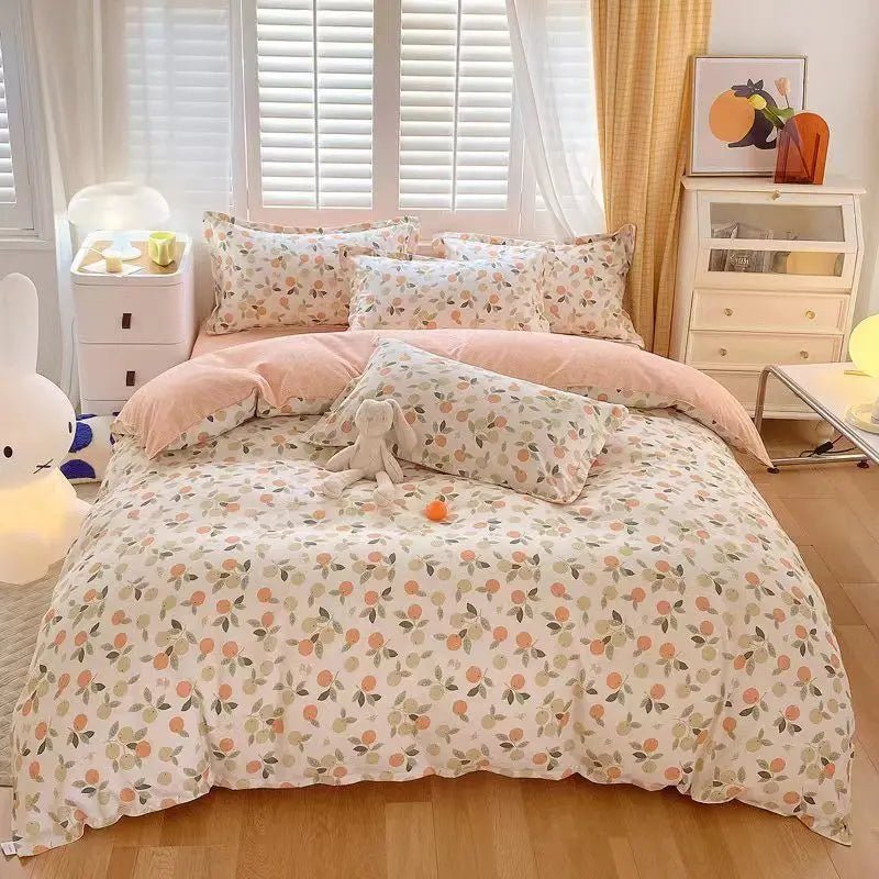 Cute Pink Strawberry Duvet Cover Flat Sheet Pillowcase Floral Bedding Set Girls Bed Linen Soft Thick Washed Cotton Bedclothes - Jaazi Intl