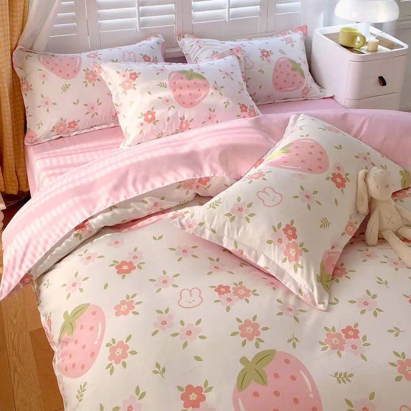 Cute Pink Strawberry Duvet Cover Flat Sheet Pillowcase Floral Bedding Set Girls Bed Linen Soft Thick Washed Cotton Bedclothes - Jaazi Intl