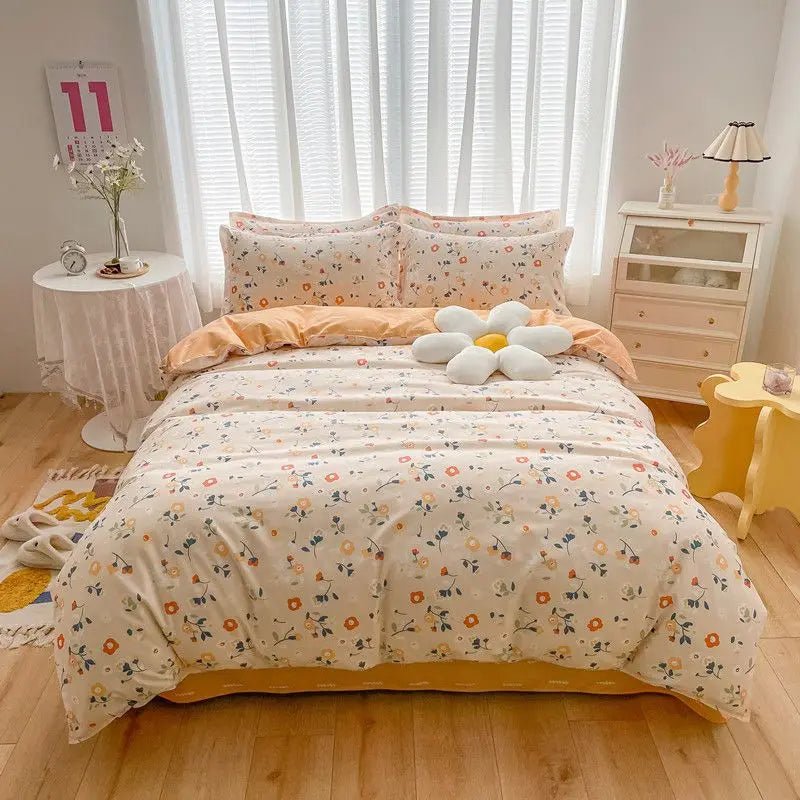 Cute Pink Strawberry Duvet Cover Flat Sheet Pillowcase Floral Bedding Set Girls Bed Linen Soft Thick Washed Cotton Bedclothes - Jaazi Intl