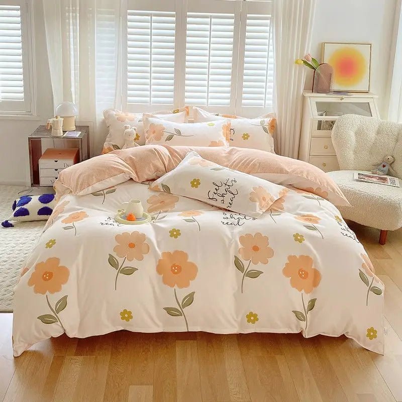 Cute Pink Strawberry Duvet Cover Flat Sheet Pillowcase Floral Bedding Set Girls Bed Linen Soft Thick Washed Cotton Bedclothes - Jaazi Intl