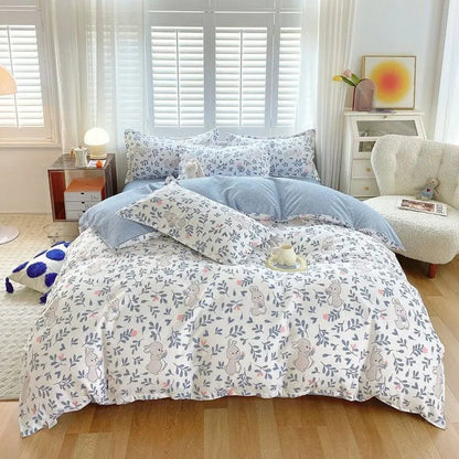 Cute Pink Strawberry Duvet Cover Flat Sheet Pillowcase Floral Bedding Set Girls Bed Linen Soft Thick Washed Cotton Bedclothes - Jaazi Intl