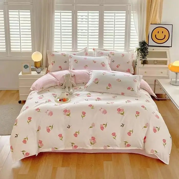 Cute Pink Strawberry Duvet Cover Flat Sheet Pillowcase Floral Bedding Set Girls Bed Linen Soft Thick Washed Cotton Bedclothes - Jaazi Intl