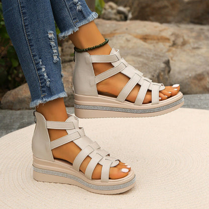 Cutout Rhinestone Trim Wedge Sandals - Jaazi Intl