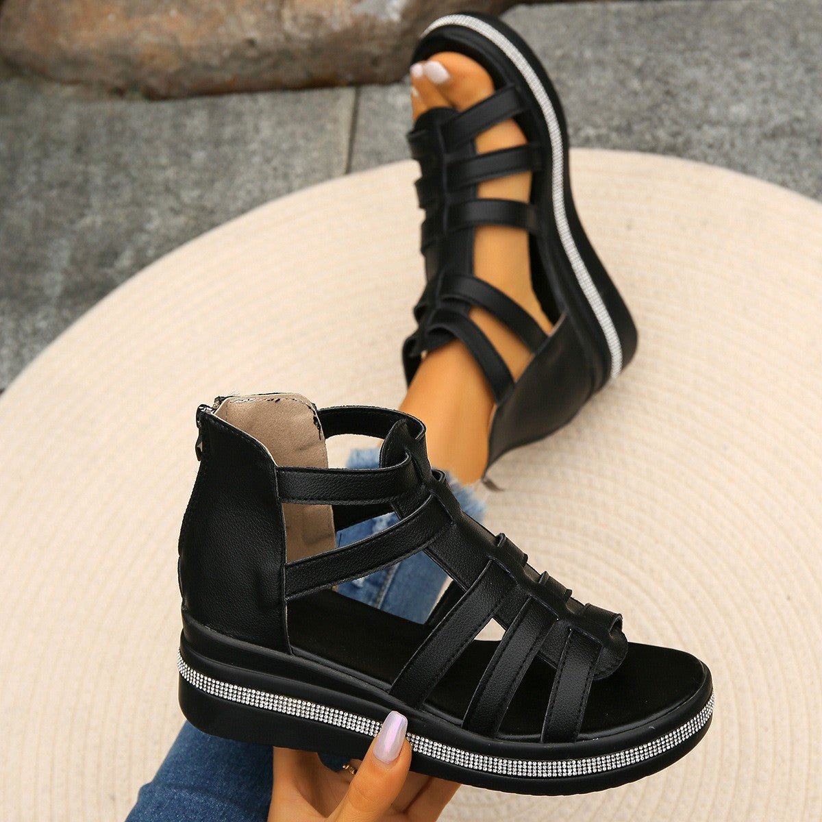 Cutout Rhinestone Trim Wedge Sandals - Jaazi Intl