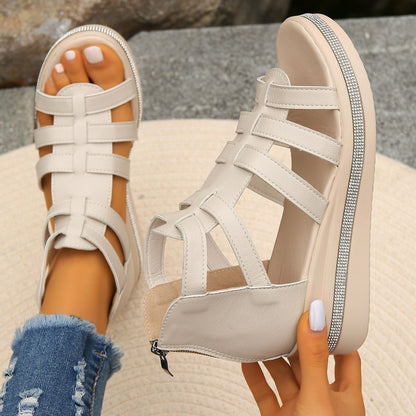 Cutout Rhinestone Trim Wedge Sandals - Jaazi Intl