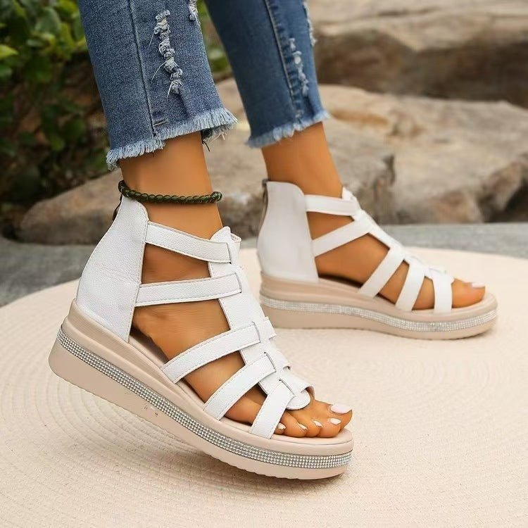 Cutout Rhinestone Trim Wedge Sandals - Jaazi Intl