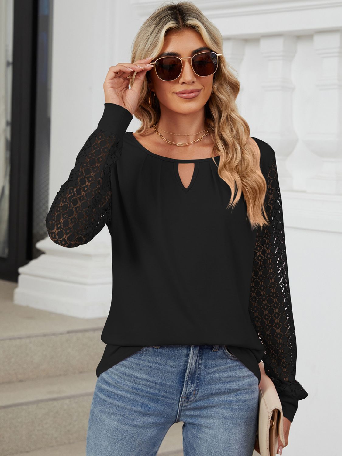 Cutout Round Neck Long Sleeve T-Shirt - Jaazi International