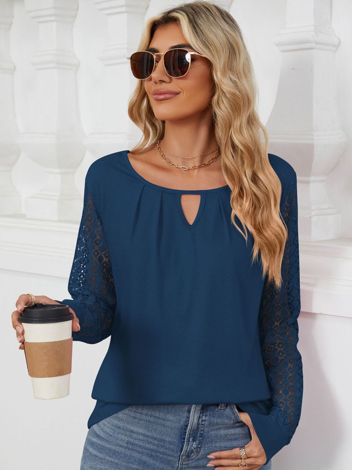 Cutout Round Neck Long Sleeve T-Shirt - Jaazi International