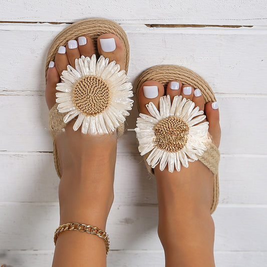 Summer New Fashion Women's Linen Fashion Simple Flower Flat Casual Sandals