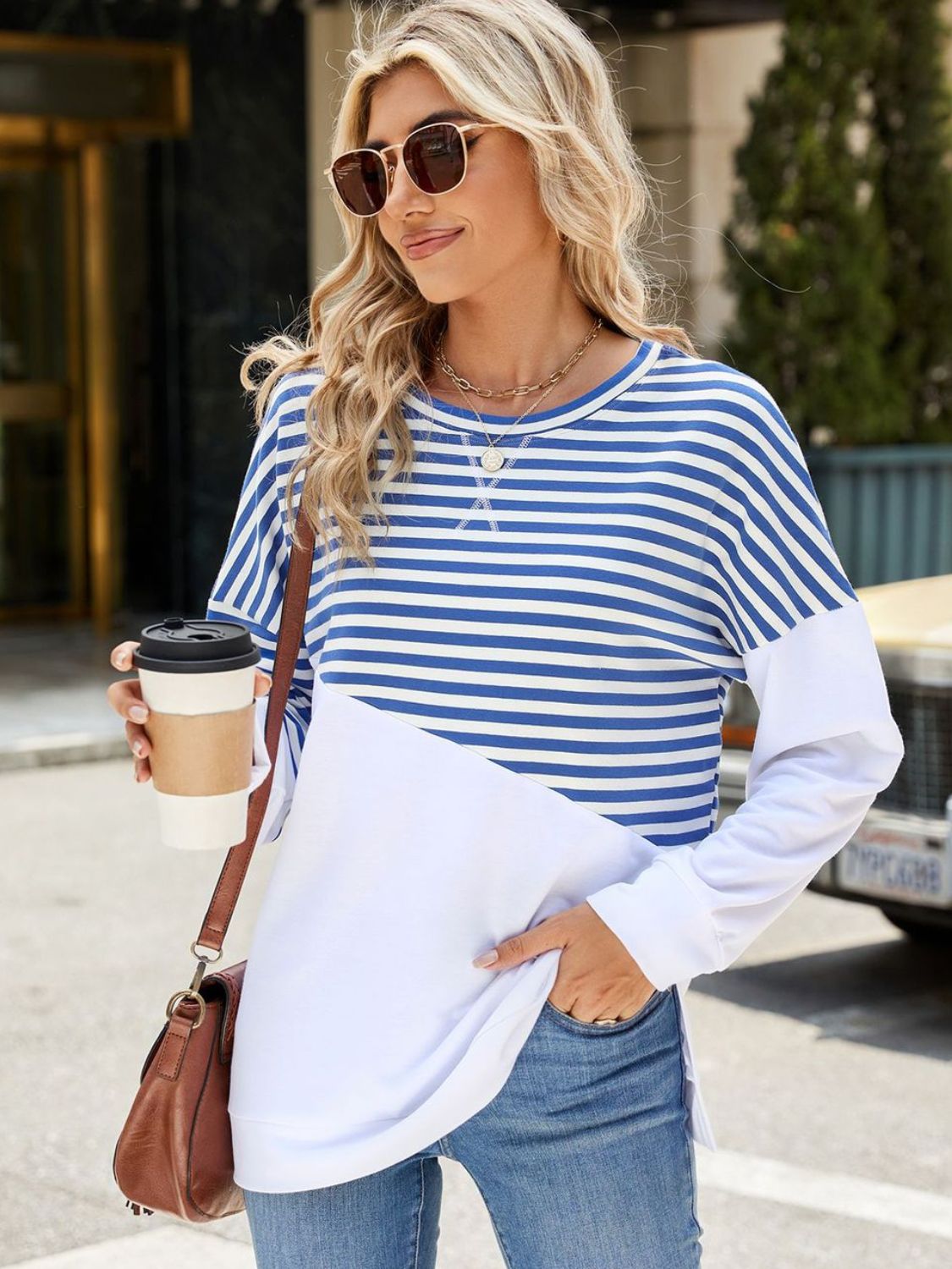 Slit Contrast Striped Long Sleeve Sweatshirt