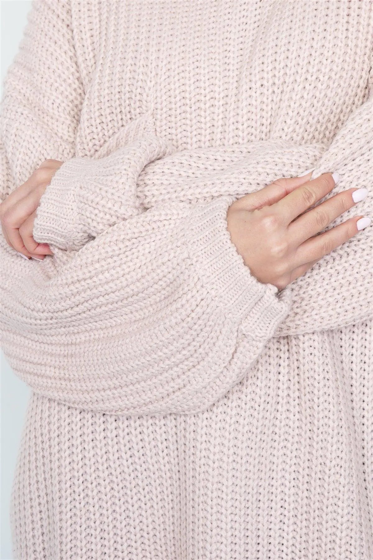 Taupe Rose Knit Relaxed Fit Puff Sleeve Comfy Sweater