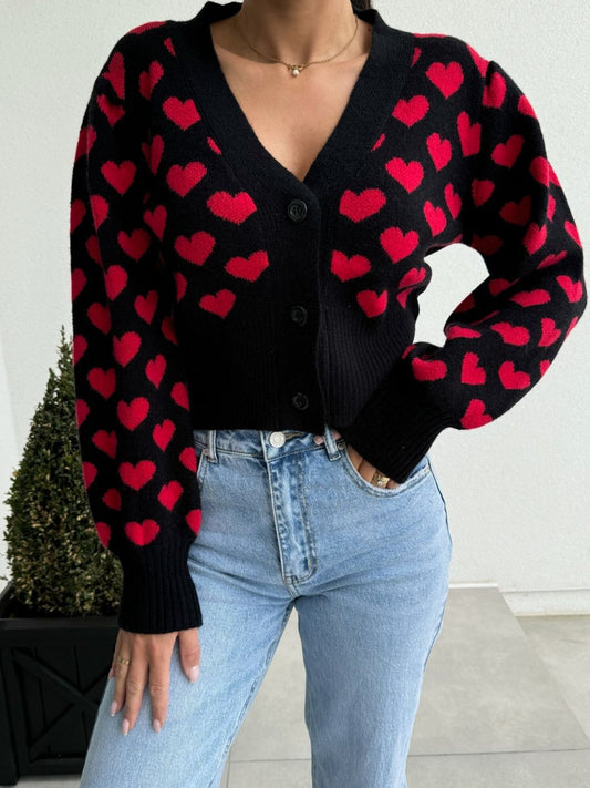 Valentine’s Day Heart V-Neck Cropped Cardigan