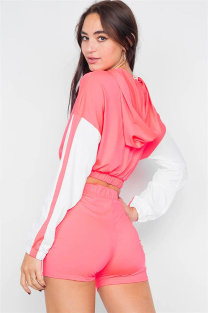 Pink Contrast Trim Zip-Up Hoodie & Biker Short Set  /3-2-1