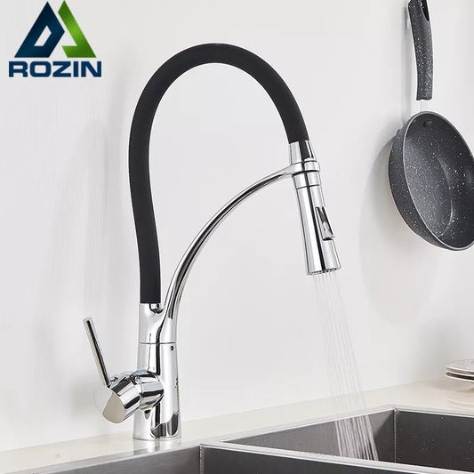 Deck Mount Black Hose Chrome Kitchen Faucet Single Handle Stream Sprayer Kitchen Mixer Taps Hot Cold Water Pull Down Mixer Crane - Jaazi Intl