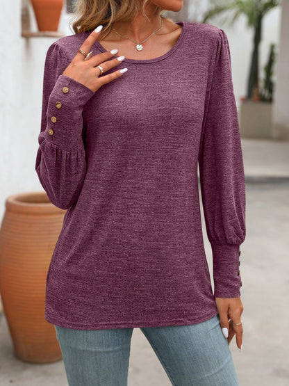 Decorative Button Round Neck Long Sleeve T-Shirt - Jaazi International