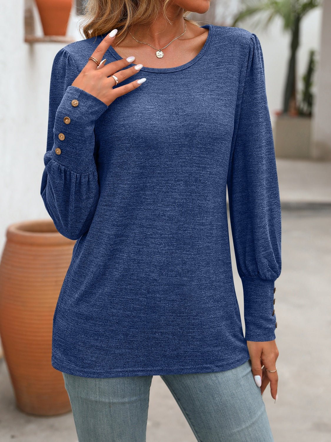 Decorative Button Round Neck Long Sleeve T-Shirt - Jaazi International