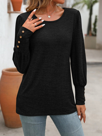 Decorative Button Round Neck Long Sleeve T-Shirt - Jaazi International