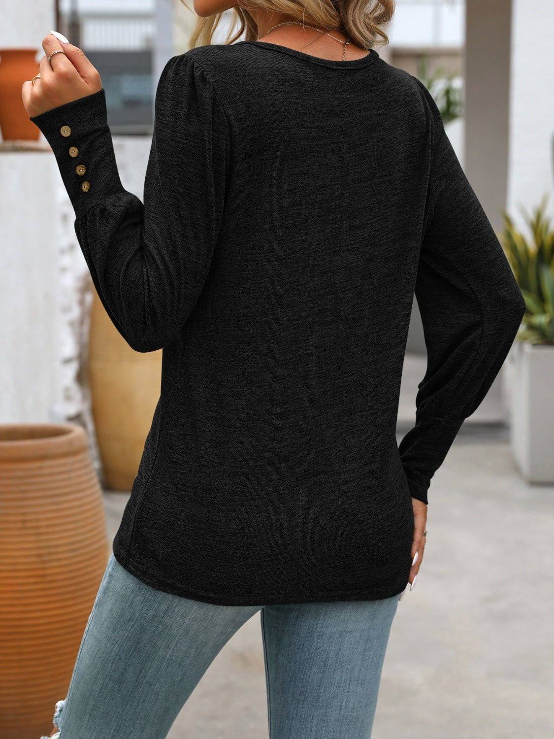 Decorative Button Round Neck Long Sleeve T-Shirt - Jaazi International