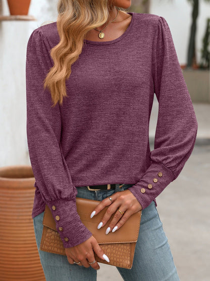 Decorative Button Round Neck Long Sleeve T-Shirt - Jaazi International