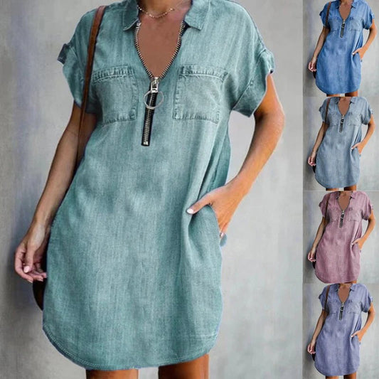 Denim Dress With Zip Closure - Jaazi Intl