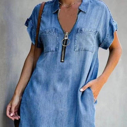 Denim Dress With Zip Closure - Jaazi Intl