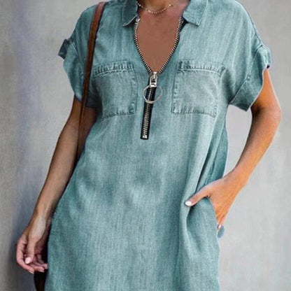 Denim Dress With Zip Closure - Jaazi Intl