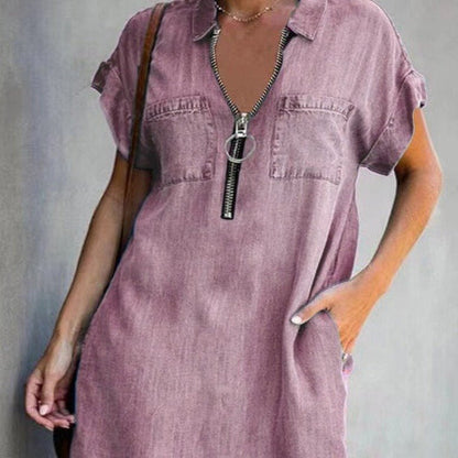 Denim Dress With Zip Closure - Jaazi Intl