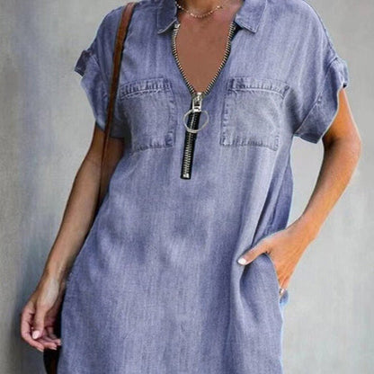 Denim Dress With Zip Closure - Jaazi Intl