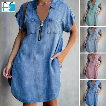 Denim Dress With Zip Closure - Jaazi Intl