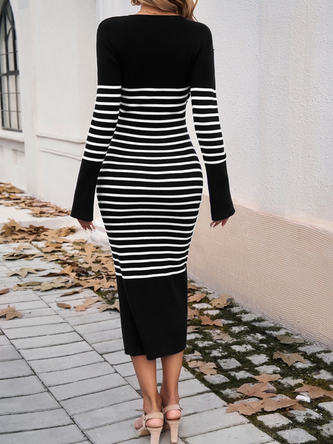 Devine Striped V - Neck Long Sleeve Sweater Dress - Jaazi International